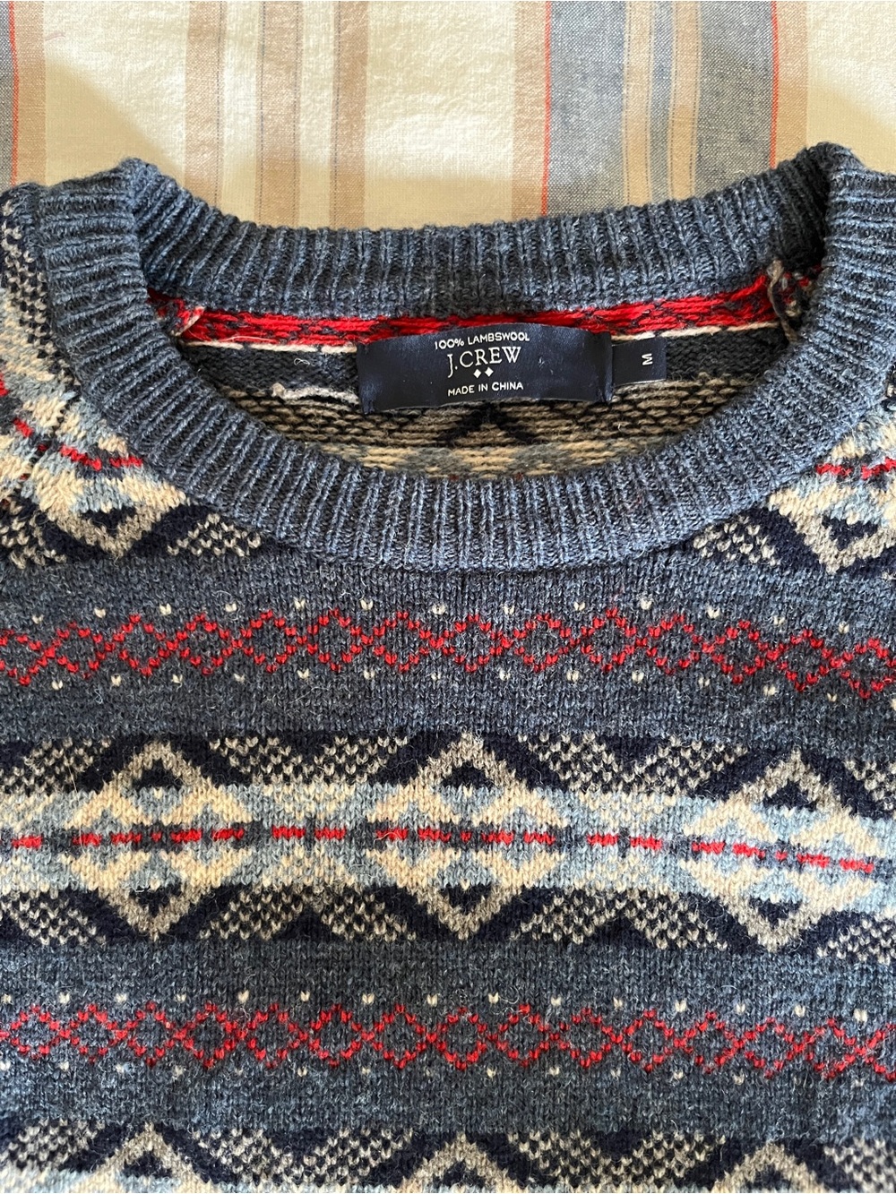 J. Crew Men's Navy Fair Isle Crewneck Sweater with Red Accents 100% wool